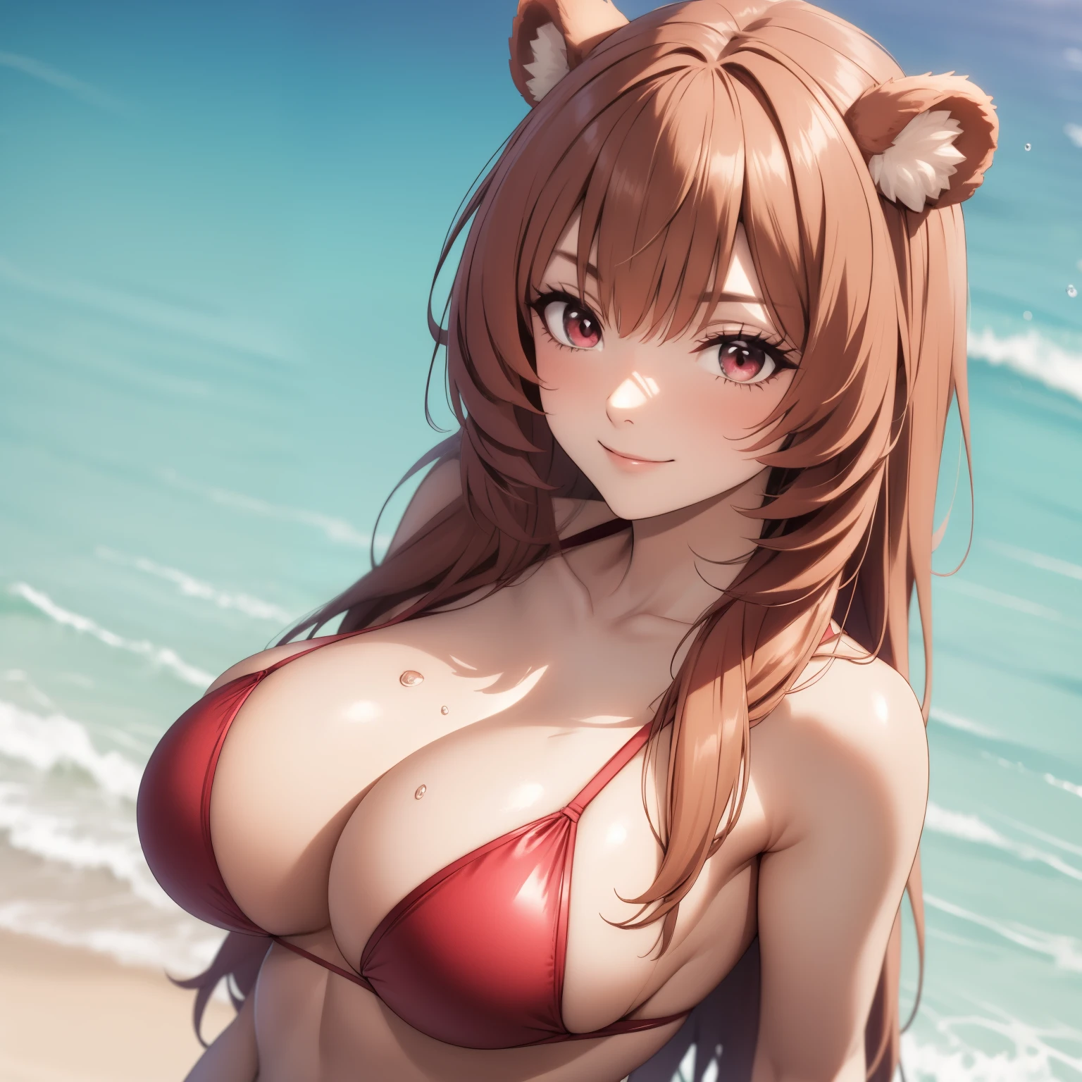 Raphtalia woman 20. Woman 30 years old, orange hair , red eyes like rubies, sharp eyes, cocky smile, smug expression,, bear ears, big breasts, white and red bikini , drops of water on his chest, background a beach. big breasts, playa tropical, blush. whole body.