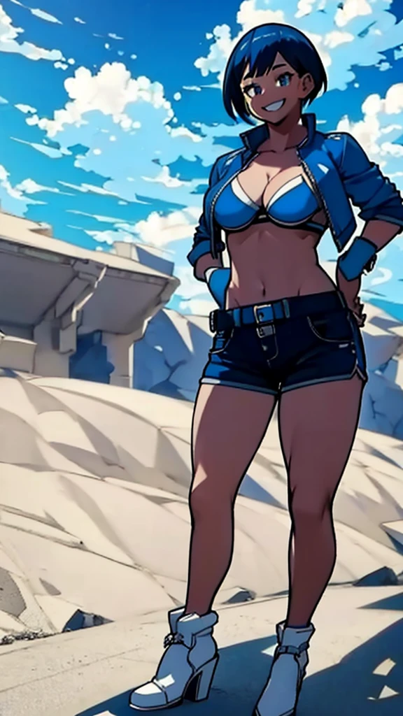 Girl, blue hair, blue eyes, short hair, flowers earrings, freckles, big , blue bikini, mini shorts, white high heels, thicc, standing smiling.