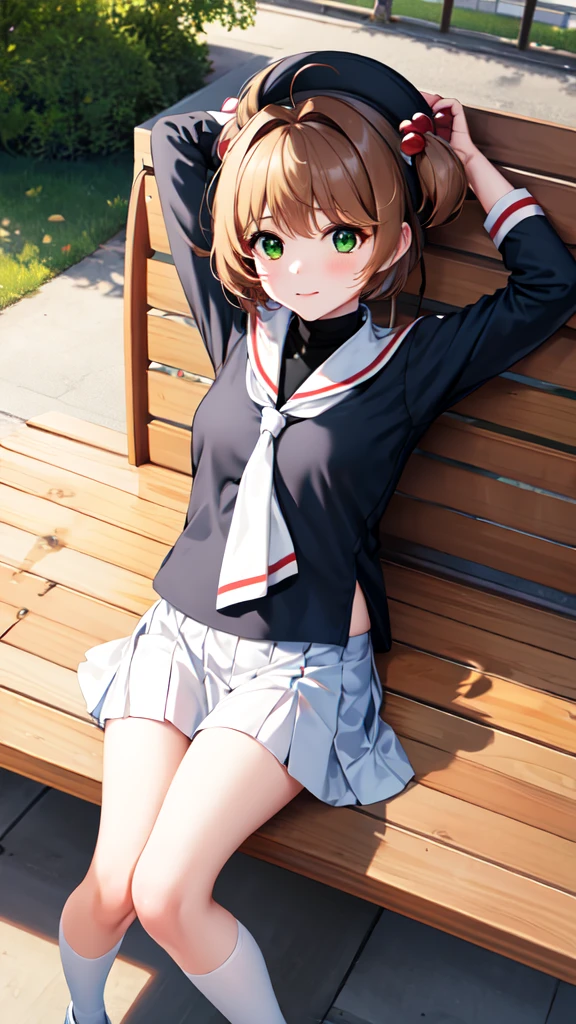 masterpiece, best quality, highres, kinomoto sakura, 1girl, brown hair, short hair, antenna hair, two side up, hair bobbles, green eyes, , white sailor collar, black shirt, long sleeves, white skirt, pleated skirt, sitting, eating, outdoors, bench, food, leaf, (masterpiece, best quality: 1.2),(very detailed face, real image, realistic skin, realistic body, intricate details),1 woman, Kinomoto Sakura, brown hair, alone, skirt, green eyes, Short hair, have, white skirt, white hat, Magic Girl, Antenna hair, laugh, serafuku, pleated skirt, dehisce, looking at viewer, cowboy shot, long sleeves, star (symbol), muffler, lie down in bed with both arms extended above the head and placed behind the pillow, anime girl lying down, expose plump breasts, whole body, plump thighs, Natural Pose, beautifully, cute, Fix errors without any awkwardness, tall, I have long legs, Wearing (tomoeda_초등school_school_Uniform),black top, tennis mini skirt,cry in shame, wearing white ankle socks, random sexy poses