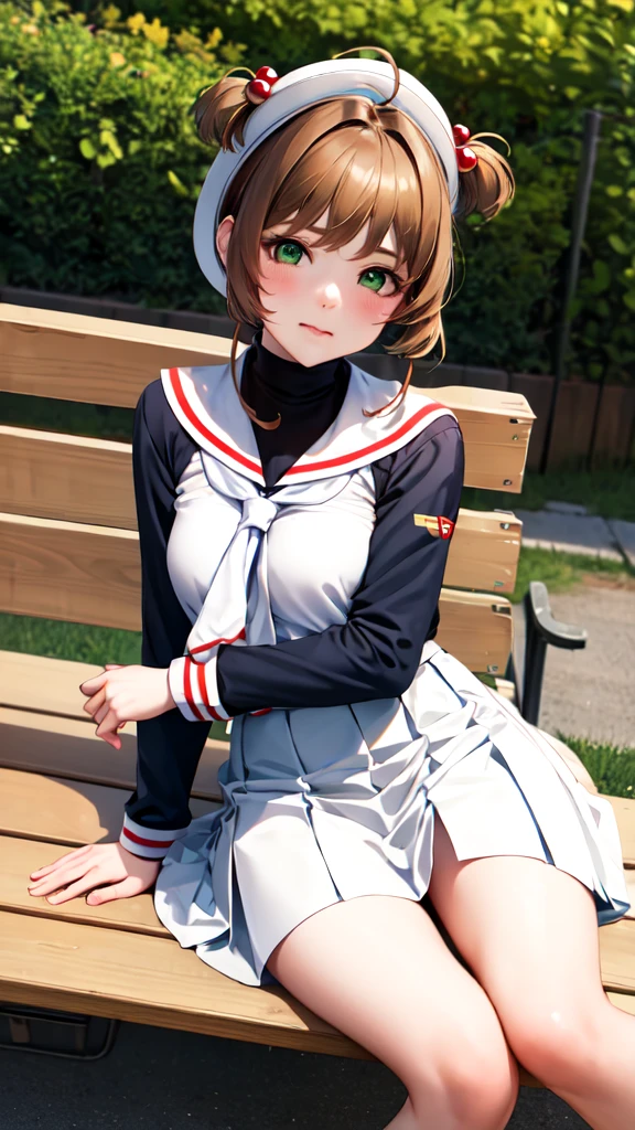 masterpiece, best quality, highres, kinomoto sakura, 1girl, brown hair, short hair, antenna hair, two side up, hair bobbles, green eyes, , white sailor collar, black shirt, long sleeves, white skirt, pleated skirt, sitting, eating, outdoors, bench, food, leaf, (masterpiece, best quality: 1.2),(very detailed face, real image, realistic skin, realistic body, intricate details),1 woman, Kinomoto Sakura, brown hair, alone, skirt, green eyes, Short hair, have, white skirt, white hat, Magic Girl, Antenna hair, laugh, serafuku, pleated skirt, dehisce, looking at viewer, cowboy shot, long sleeves, star (symbol), muffler, lie down in bed with both arms extended above the head and placed behind the pillow, anime girl lying down, expose plump breasts, whole body, plump thighs, Natural Pose, beautifully, cute, Fix errors without any awkwardness, tall, I have long legs, Wearing (tomoeda_초등school_school_Uniform),black top, tennis mini skirt,cry in shame, wearing white ankle socks, random sexy poses