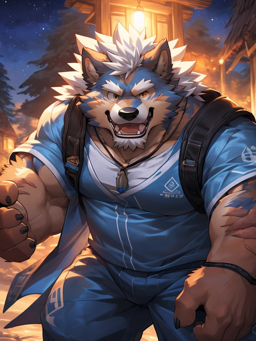 human nature, Wildlife, male,18 years old, solitary, ((Round Face, The face is plump,Orange eyes,Thick white hair,With wounds)), ((Endomorph, Handsome,enthusiasm)), (Sportswear,Light blue and white coat,Wearing a mask), ((domestic 犬, Dog Orc,) Fluffy fur, Fluffy), Bokeh, (high quality, high resolution, masterpiece), (Dynamic Lighting, Vibrant colors,Natural fill light), (Revitalize,harm,Disdain,aggressive), Full body picture (close up), cartoon, author:Takemoto Arashi, From zixiong, By Chunni, author:Empty Ghost,(background:Night cottage door)