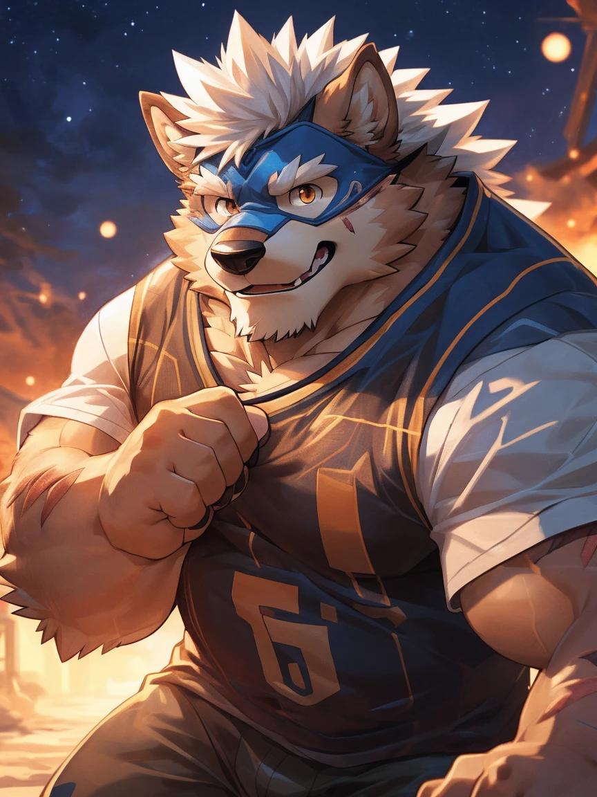 human nature, Wildlife, male,18 years old， solitary, ((Round Face, The face is plump,Orange eyes,Thick white hair，With wounds)), ((Endomorph, Handsome，enthusiasm)), (Sportswear，Light blue and white coat，Wearing a mask), ((domestic 犬, Dog Orc，) Fluffy fur, Fluffy), Bokeh, (high quality, high resolution, masterpiece), (Dynamic Lighting, Vibrant colors，Natural fill light), (Revitalize，harm，Disdain，aggressive), Full body picture (close up), cartoon, author：Takemoto Arashi, From zixiong, By Chunni, author：Empty Ghost，（background：Night cottage door）