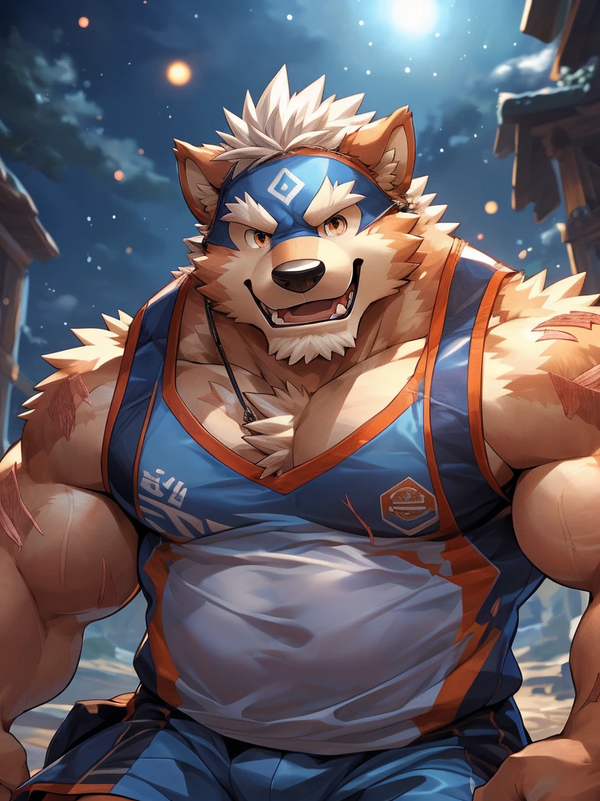 human nature, Wildlife, male,18 years old， solitary, ((Round Face, The face is plump,Orange eyes,Thick white hair，With wounds)), ((Endomorph, Handsome，enthusiasm)), (Sportswear，Light blue and white coat，Wearing a mask), ((domestic 犬, Dog Orc，) Fluffy fur, Fluffy), Bokeh, (high quality, high resolution, masterpiece), (Dynamic Lighting, Vibrant colors，Natural fill light), (Revitalize，harm，Disdain，aggressive), Full body picture (close up), cartoon, author：Takemoto Arashi, From zixiong, By Chunni, author：Empty Ghost，（background：Night cottage door）