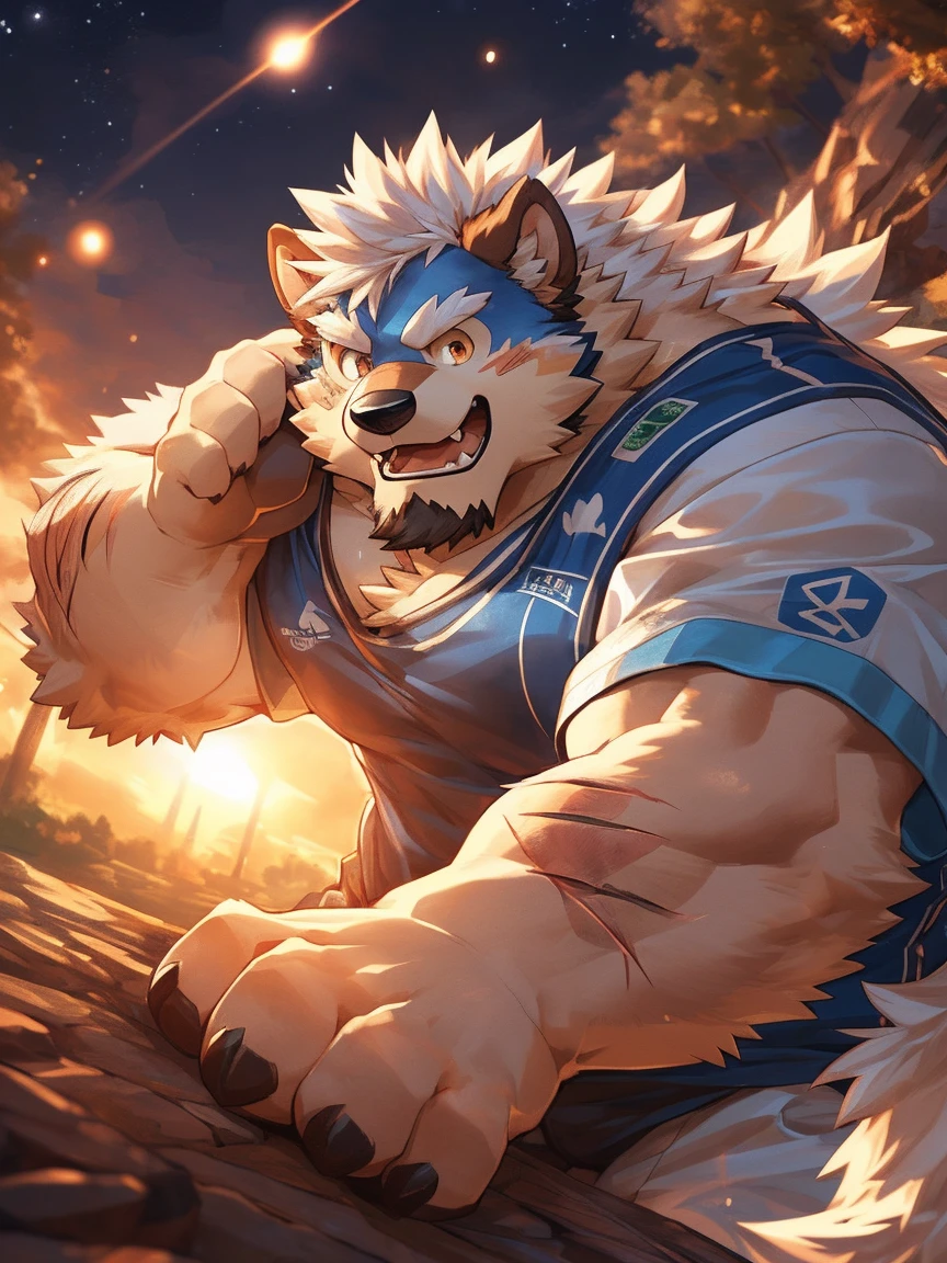 human nature, Wildlife, male,18 years old, solitary, ((Round Face, The face is plump,Orange eyes,Thick white hair,With wounds)), ((Endomorph, Handsome,enthusiasm)), (Sportswear,Light blue and white coat,Wearing a mask), ((domestic 犬, Dog Orc,) Fluffy fur, Fluffy), Bokeh, (high quality, high resolution, masterpiece), (Dynamic Lighting, Vibrant colors,Natural fill light), (Revitalize,harm,Disdain,aggressive), Full body picture (close up), cartoon, author:Takemoto Arashi, From zixiong, By Chunni, author:Empty Ghost,(background:Night cottage door)