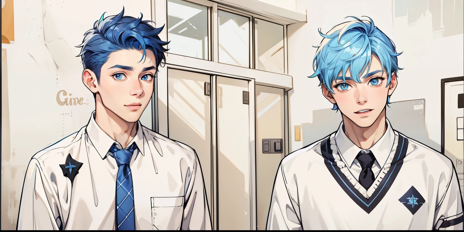 two cute boys with blue hair and the other with black hair and blue eyes