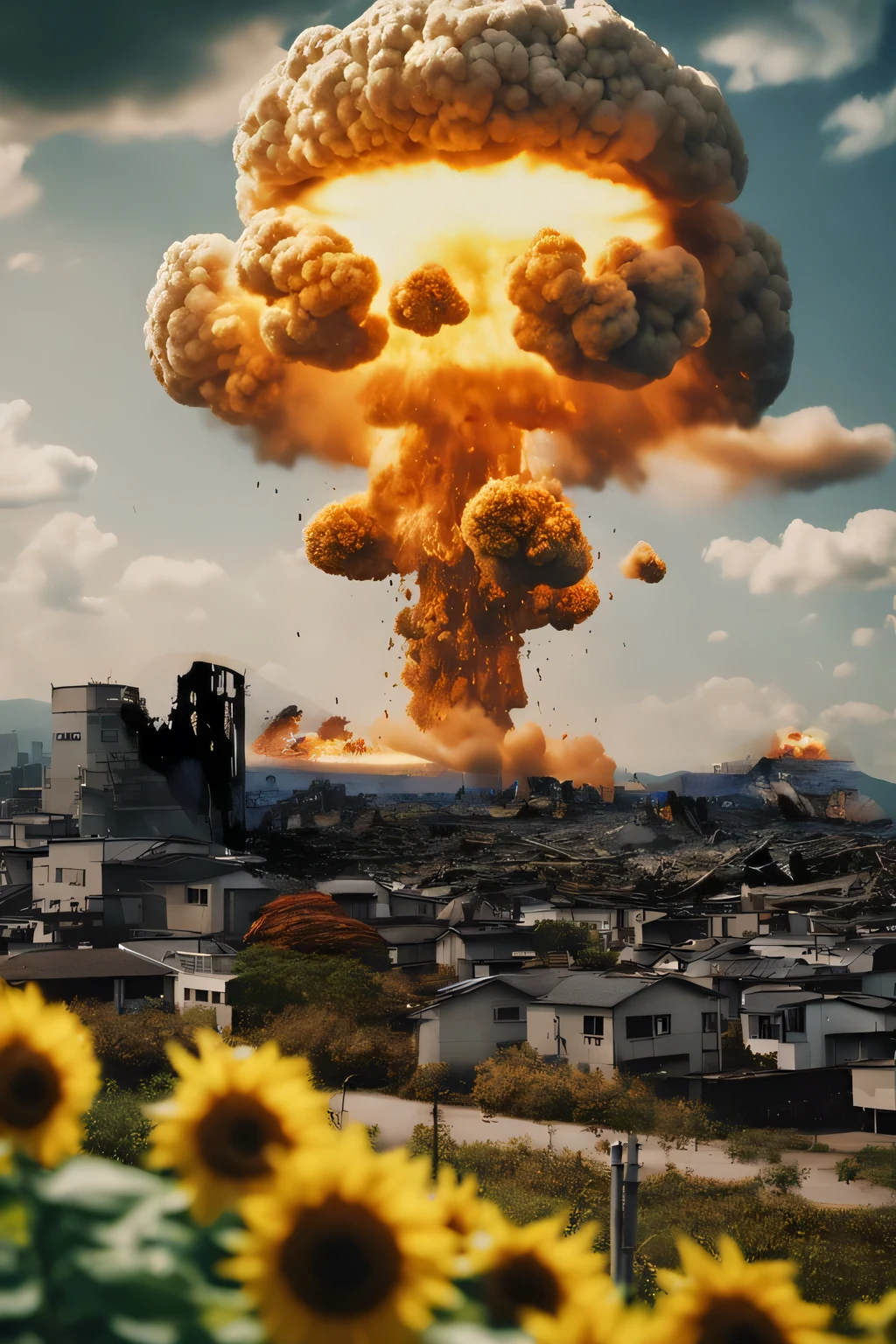 Depicts a destroyed city with debris scattered everywhere and food supplies、 Nuclear bomb, Nuclear War, Big Explosion, nuclear explosion background, Background explosion, Apocalyptic spherical explosion