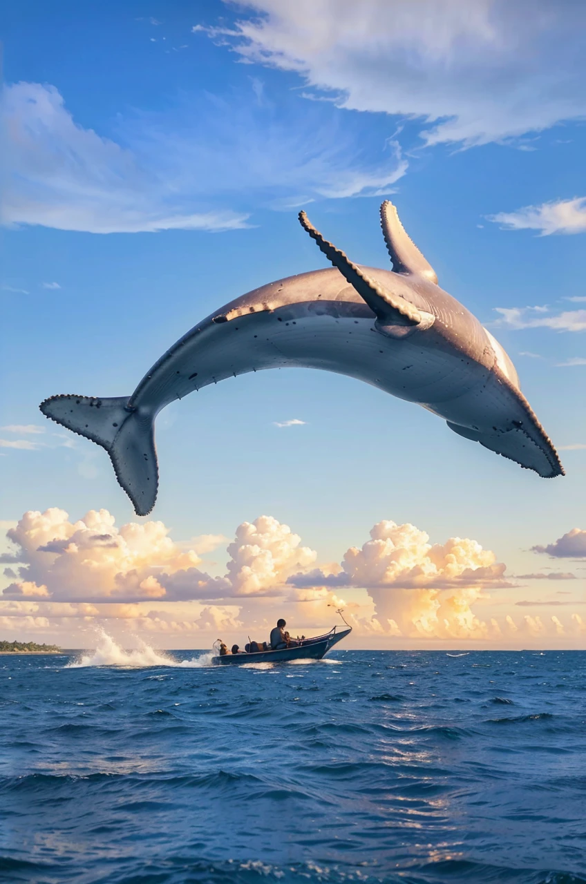 Amidst the golden glow of twilight, a lone figure sits in a small boat, eyes wide with awe as a colossal whale arcs majestically over them. In the distance, towering cumulonimbus clouds loom, their dark edges highlighted by the fading sun, adding to the scene's breathtaking drama and ethereal beauty. Oil painting