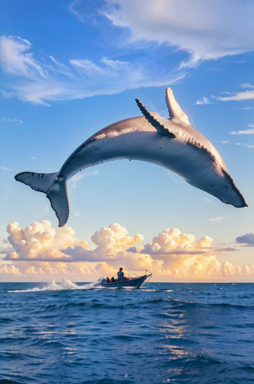Amidst the golden glow of twilight, a lone figure sits in a small boat, eyes wide with awe as a colossal whale arcs majestically over them. In the distance, towering cumulonimbus clouds loom, their dark edges highlighted by the fading sun, adding to the scene's breathtaking drama and ethereal beauty. Oil painting