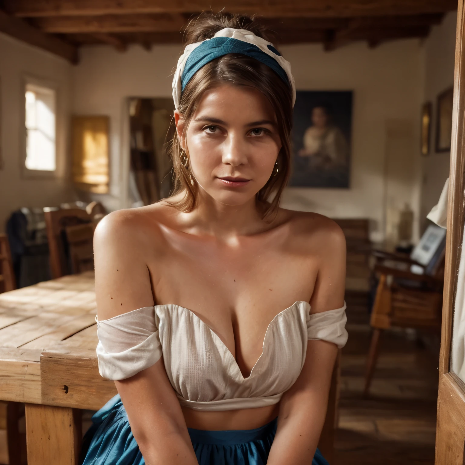 1woman LaGermania posing as the woman in the painting Girl with a Pearl Earring with the same dress/clothes/design in an atelier of the painter Vermeer in 17th-century Delft. LaGermania stands in a simple 17th-century Dutch painter’s atelier, with wooden beams on the ceiling and a tiled floor. The atelier is lit by soft, diffused light streaming through a small, leaded glass window. She wears a dark blue turban intricately wrapped around her head, with a golden yellow scarf cascading over her shoulder, made of rich silk with fine, shimmering threads. Her outfit includes a modest, dark brown dress with a delicate white collar and cuffs, crafted from soft, high-quality fabric. The pearl earring, a single large, lustrous gem, dangles from her ear, reflecting the soft light. The background features the painting Girl with a Pearl Earring, showing a young girl with a pearl earring, her head turned slightly over her shoulder. The room is sparsely furnished with a wooden easel, a rough-hewn wooden table strewn with paint supplies, and a few mismatched chairs. LaGermania’s pose is turned slightly over her shoulder, with her gaze directed towards the painter, capturing the enigmatic allure and subtle grace of the original portrait.