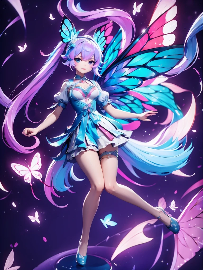 Seizo Watase style, Simple Line Initialism，Abstract art, 3d character, colorful hearts ,(((The most beautiful girl of all time))),  (full body 1.2), only girl, long hair, bufferfly and sky background, 20 year old, full body, (((8k))), (((3d)), blue and pink hair, Large butterfly wings on the back, moon