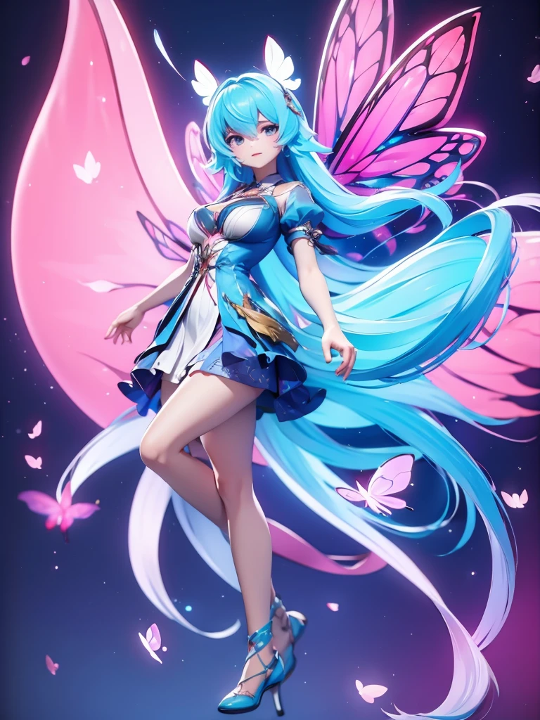 Seizo Watase style, Simple Line Initialism,Abstract art, 3d character, colorful hearts ,(((The most beautiful girl of all time))), (full body 1.2), only girl, long hair, bufferfly and sky background, 20 year old, full body, (((8k))), (((3d)), blue and pink hair, Large butterfly wings on the back, moon, look from back