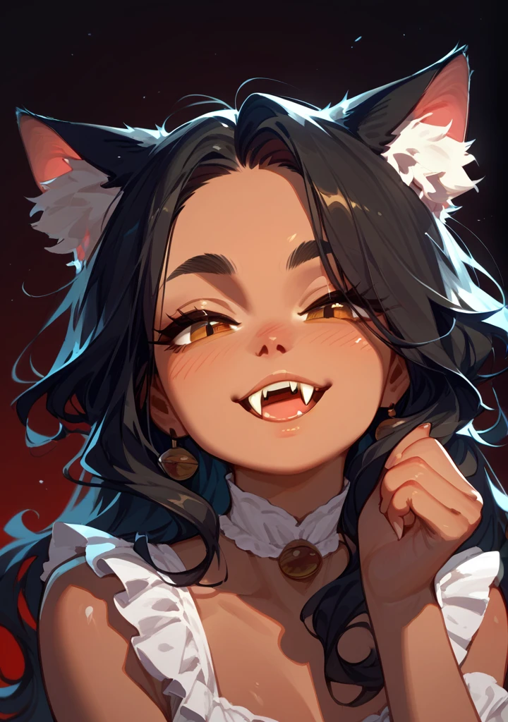 Half body, A beautiful woman, long wavy black hair, brown eyes, dark clothing, cat ears and tail, fangs, 