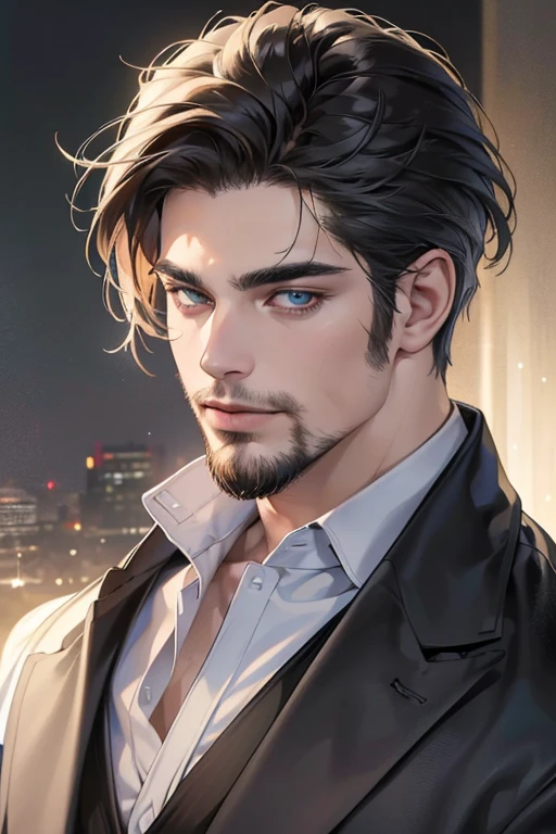 (best quality,4k,8k,highres,masterpiece:1.2),ultra-detailed,(realistic,photorealistic,photo-realistic:1.37),30 year old man,3 day beard,handsome anime,portraits,strong,masculine,dark hair,sharp jawline,mesmerizing eyes,perfectly styled hair,cool anime outfit,confident expression,vibrant colors,dynamic lighting
