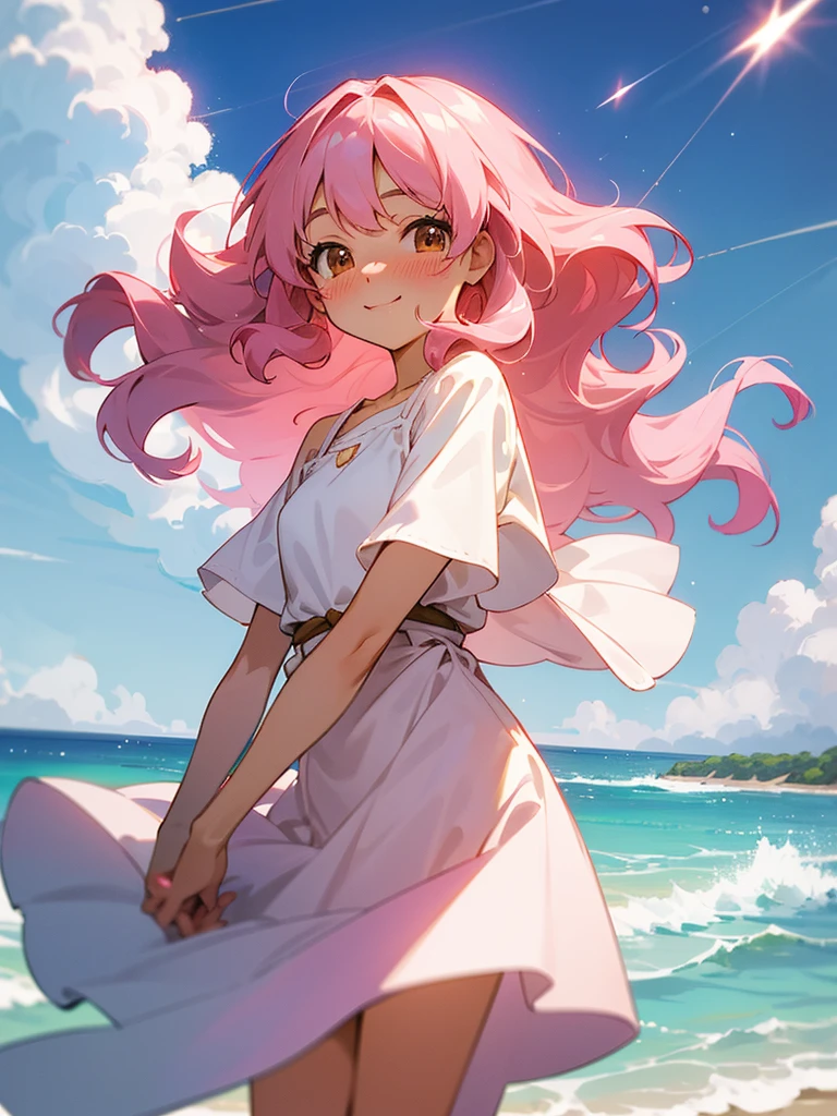 Hair = pink hair, wavy hair, long hair, bangs. Eyes = pretty brown eyes. Face = smiling, blush, nose blush. Clothes = white sundress. Background = beach, shooting stars, clouds. Style = studio ghibli.