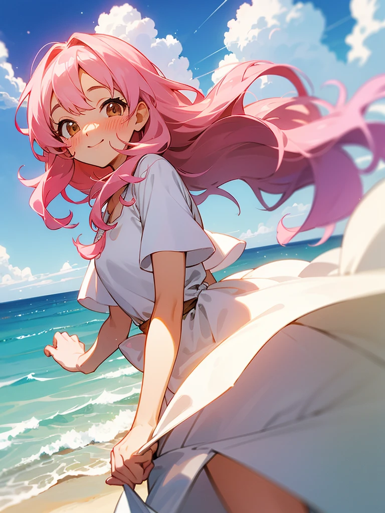 Hair = pink hair, wavy hair, long hair, bangs. Eyes = pretty brown eyes. Face = smiling, blush, nose blush. Clothes = white sundress. Background = beach, shooting stars, clouds. Style = studio ghibli.