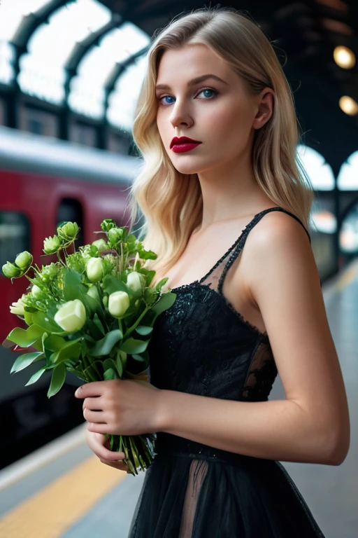 (masterpiece:1.35),(bestquality:1.4),8k,ultra-detailed,photography,(ultra-realistic:1.4),Art Composition,1girl,solo,blonde hair,flower,dress,see-through,perfect skin,(extremely deteailed hair),(very detailed eyes),perfect finger,natural skin texture,green eyes,lips,photograph,hyperrealism,cinematic color grading,cyberpunk,1girl,woman,beautiful,brightly lit interior,in a Romantic Goth train station,(front view:1.486),