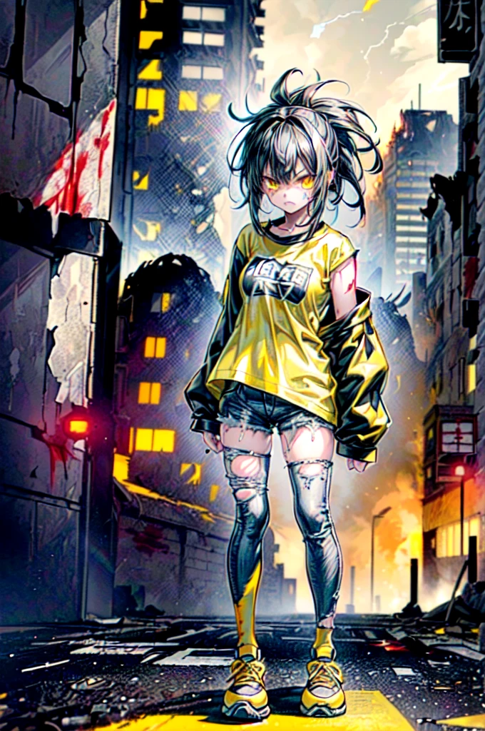 ((1 GIRL)) ((2d anime girl)), ((Japanese)) 18-year-old, ((2d anime girl)), ((dark-haired)), ((windswept hair)) ((ultra high quality)) ((4k UHD)) ((Best Quality)) ((Daytime)) ((yellow glowing eyes)), wearing a ((black long sleeve shoulderless T-shirt)) sweatshirt with the slogan (("Kaiju")) in white letters, wearing jeans and black and yellow sneakers with (((blood splattered))) on it and her face, standing in the street of a ((ruined city)) filled with ((heavily damaged)) and dilapidated (( tall skyscrapers on fire)) and ((crushed vehicles on fire)) and small and ((raging fires all around)) and an ((angry)) ((Intimidating)) expression, standing on a giant monstrous footprint in the ground.