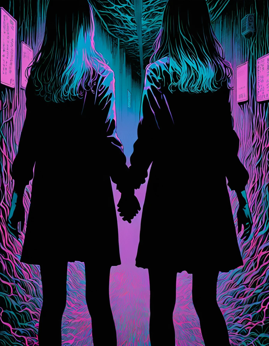 illust、art、from 80s horror movie, directed by Junji Ito、Two twin sisters、Holding hands、nightmare、anxiety、high detail, realsitic shadow、Analog style, vhs style, 8mm film, chromatic aberration, Dvd screengrab、Surrealism