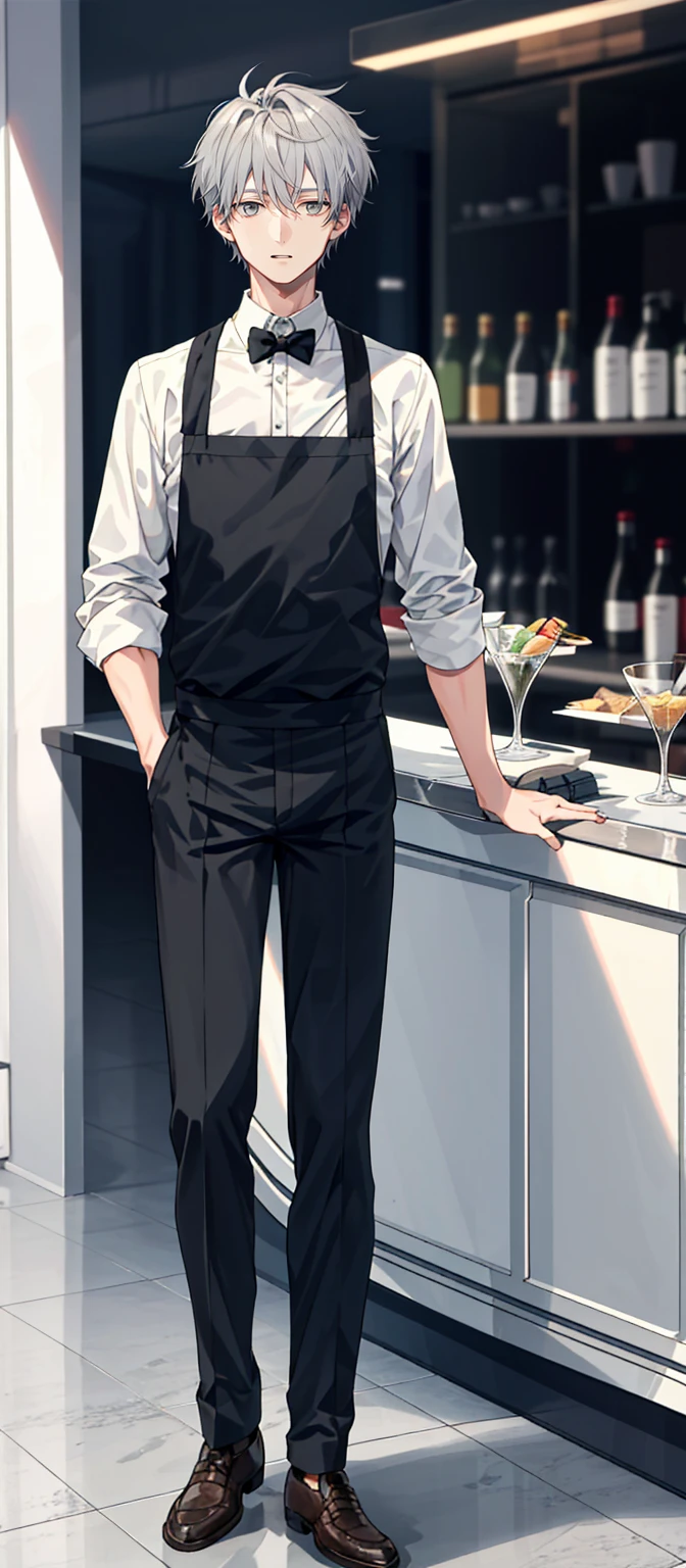 1 boy, 25 years old, full body, waiter, short hair, grey hair, messy hair, undercut,