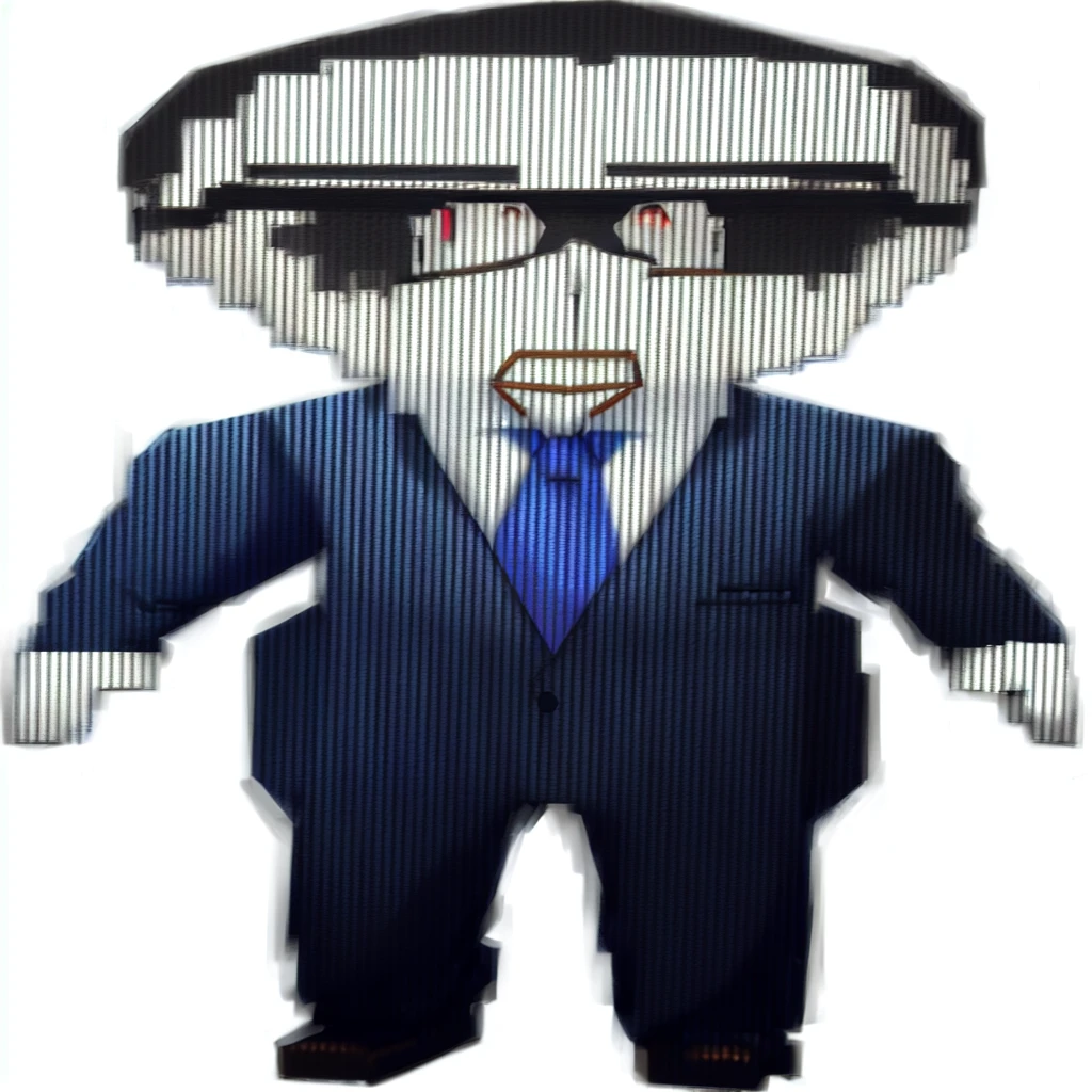 a close up of a cartoon character Wear a suit and tie, 他Wearing a suit,  Fortnite Skins, Donald Trump full body detail, Wearing a suit, animatronic, Full body mascot, Wear a suit and tie, Wear a suit and tie, Wear a suit and tie, Anime Joe plays the role of Jojo