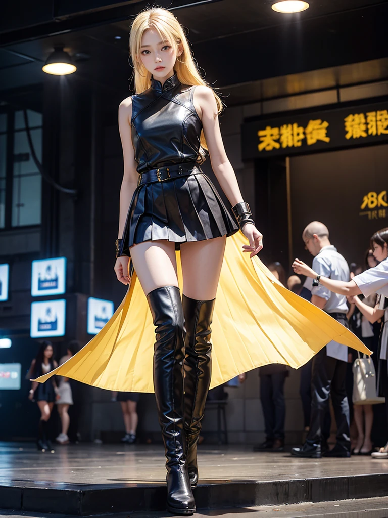 Taiwanese women,female model,slim,Good figure,HD,8K,pleated skirt,Knee boots,blond,Standing