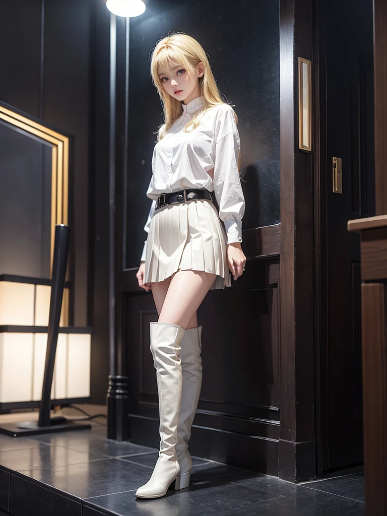 Taiwanese women,female model,slim,Good figure,HD,8K,pleated skirt,Knee boots,blond,Standing