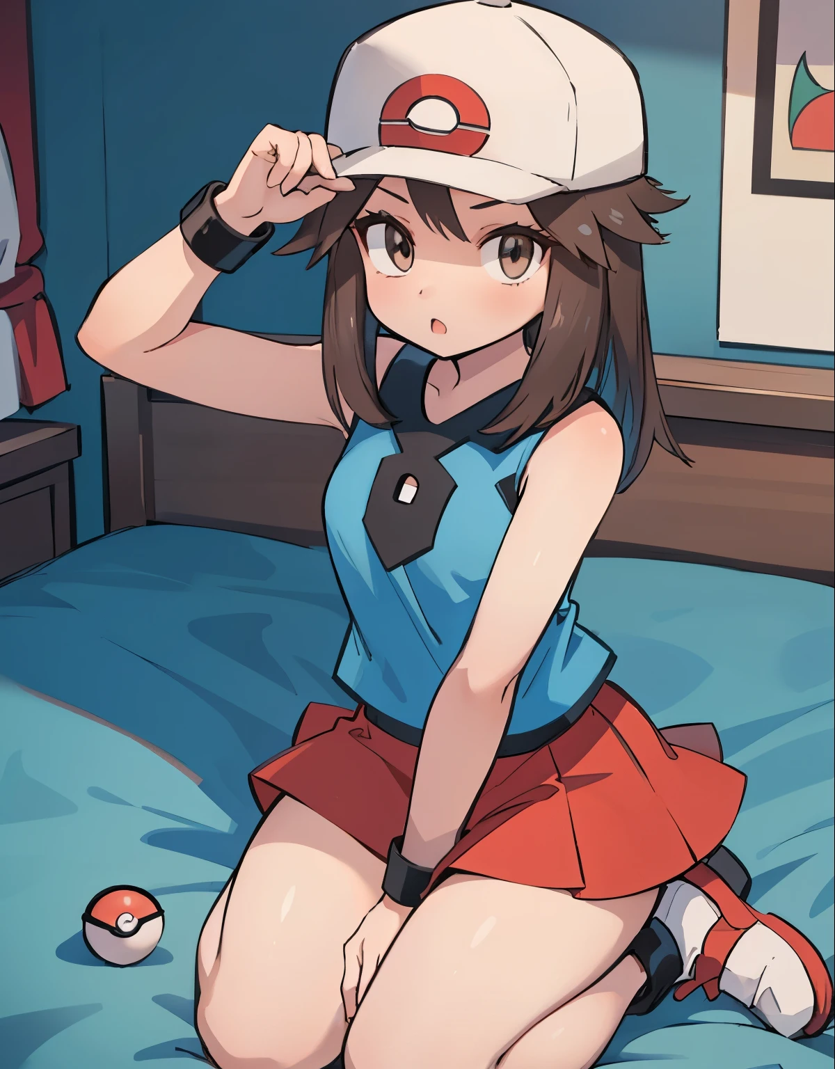 A girl on a cloud, lying down, full body, 1trainerleaf1, sleeveless shirt, black wristbands, visible thighs,thick thighs,red skirt,blue shirt, loose socks, white footwear, pussy, beautiful detailed eyes, brown eyes, beautiful detailed lips, extremely detailed face, long eyelashes, soft glowing skin, nervous smile, embarrassed expression, nervous look, she tries to hide her private parts with her hand, pokeballs on bed, hat, (best quality,4k,8k,highres,masterpiece:1.2),ultra-detailed,(realistic,photorealistic,photo-realistic:1.37),digital art, detailed illustration, dramatic lighting, warm glowing colors, cinematic lighting, dreamlike atmosphere