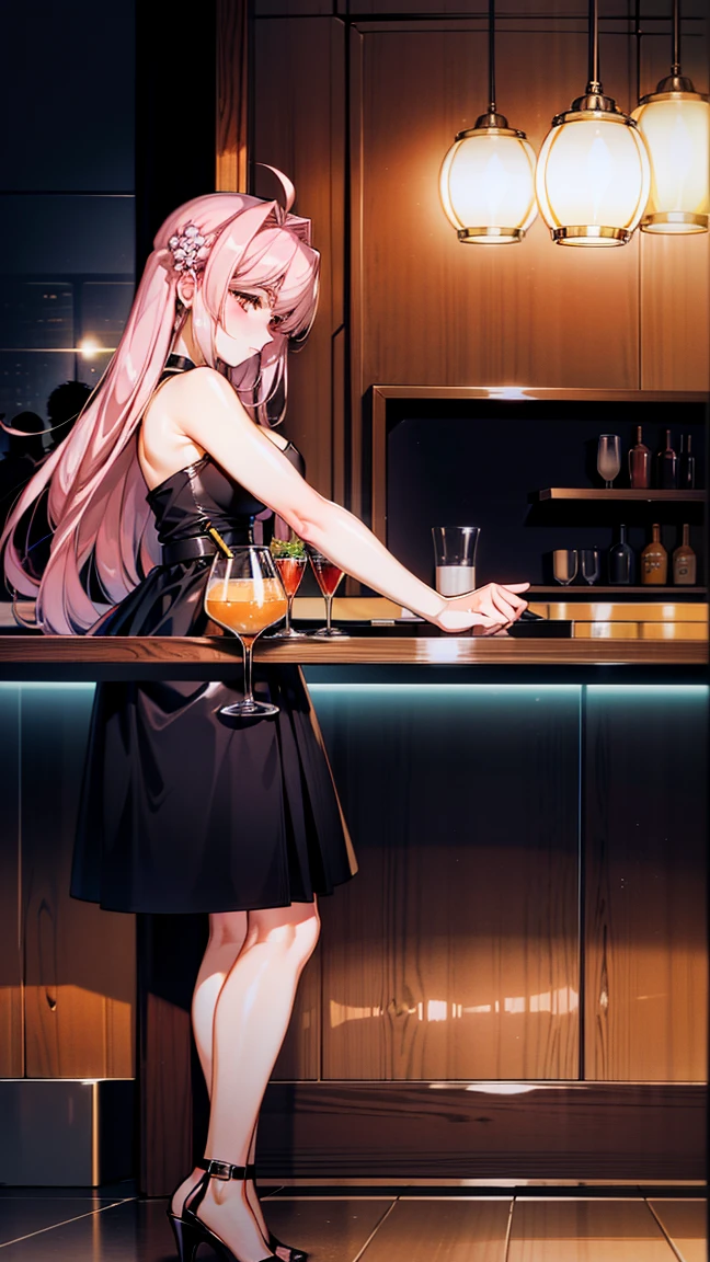 (masterpiece, high quality, 4k:1.4), 1girl, solo, pink hair, brown eyes, double-parted bangs, long hair, (mature female, mature:1.2), mole under eye, earrings, elegant black and white lace dress, close up, night time, bar, cafe, indoors, restaurant, smile, flowy hair