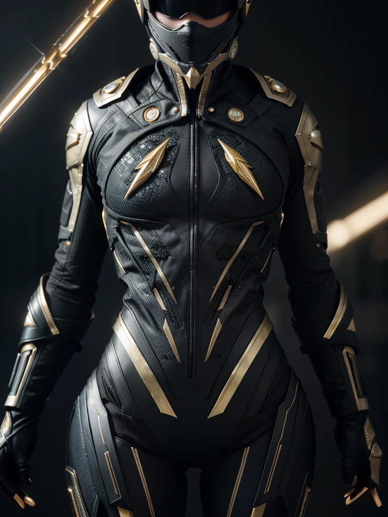 An intricate flash cybiotic suit of black and carbon fabric and multiple gold details, extremely detailed suit, micro-details, fotorrealism, A light, Dark Photo, deep-shadows, Shallow depth of field, photorrealistic, Surrealism, high qualiy, work of art, 8K, 8K, super detaill