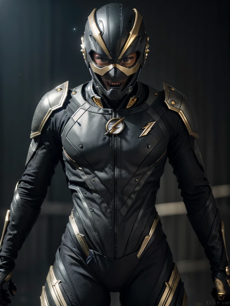 An intricate flash cybiotic suit of black and carbon fabric and multiple gold details, extremely detailed suit, micro-details, fotorrealism, A light, Dark Photo, deep-shadows, Shallow depth of field, photorrealistic, Surrealism, high qualiy, work of art, 8K, 8K, super detaill