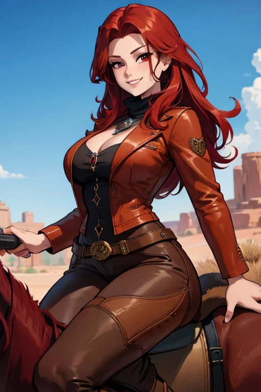 a red haired woman with red eyes with an hourglass figure in a conservative cowgirl outfit is riding a horse in the desert with a big smile