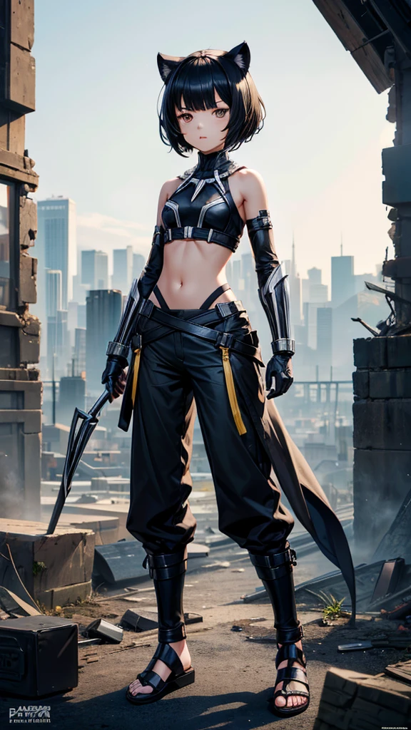 Black short-haired girl with doll head and flat chest,Black panther ears,Black Panther Tail,Ninja costumes,Hand guard,long pants,black socks,Straw sandals,Standing,ruined city