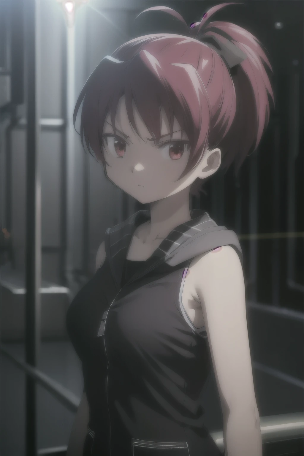 1woman, short red hair, red eyes, serious expression, tomboy, big breasts, athletic, wearing black sci fi coat, tank top, isolated on completely pitch black background, absurdres, high res, ultrasharp, 8K, masterpiece, looking at viewer, HDR, sci-fi, professional, vivid colors, sharp focus, studio lighting, absurdres, bokeh, static