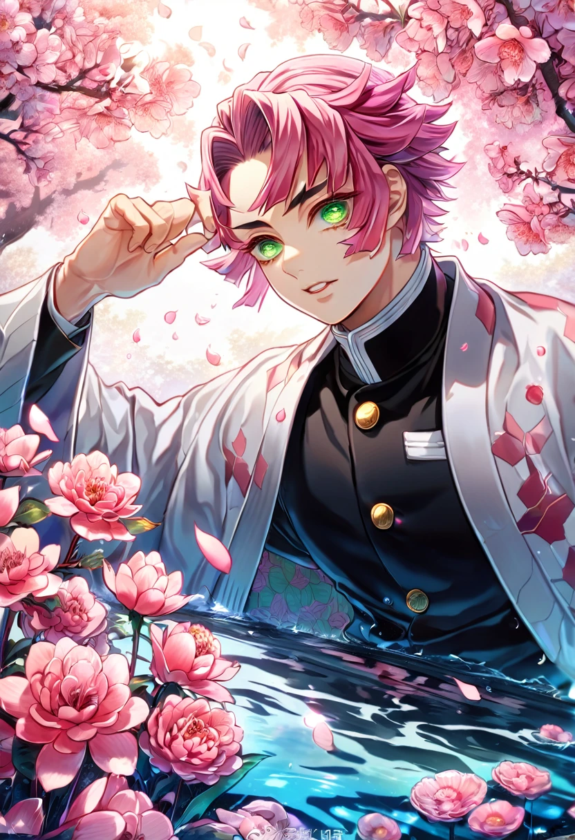 absurdres, highres, ultra detailed, HDR, master piece, best quality, Kanroji Mitsuri, pink hair, expressive green eyes, Kimetsu No yaiba, solo, sexy man, handsome, white haori, demon slayer uniform, fantasy, shining, pink flowers, pink blossoms, water, pink petals