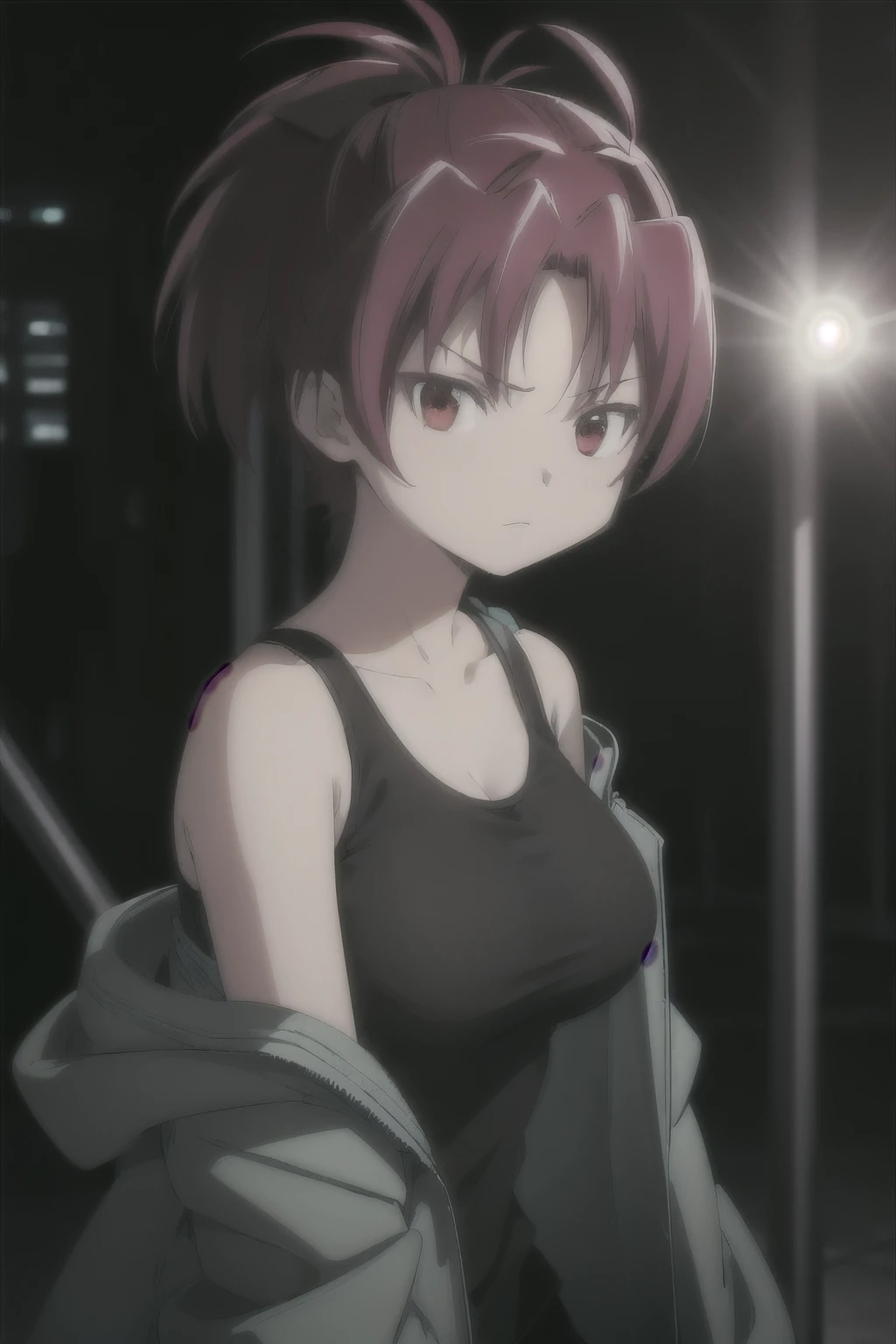 1woman, short red hair, red eyes, serious expression, tomboy, big breasts, athletic, wearing black sci fi coat, tank top, isolated on completely pitch black background, absurdres, high res, ultrasharp, 8K, masterpiece, looking at viewer, HDR, sci-fi, professional, vivid colors, sharp focus, studio lighting, absurdres, bokeh, static