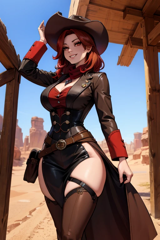 a red haired woman with red eyes with an hourglass figure in a conservative cowgirl outfit is walking in the desert with a big smile