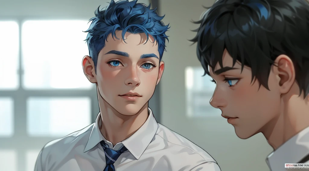 two cute boys with blue hair and the other with black hair and blue eyes
