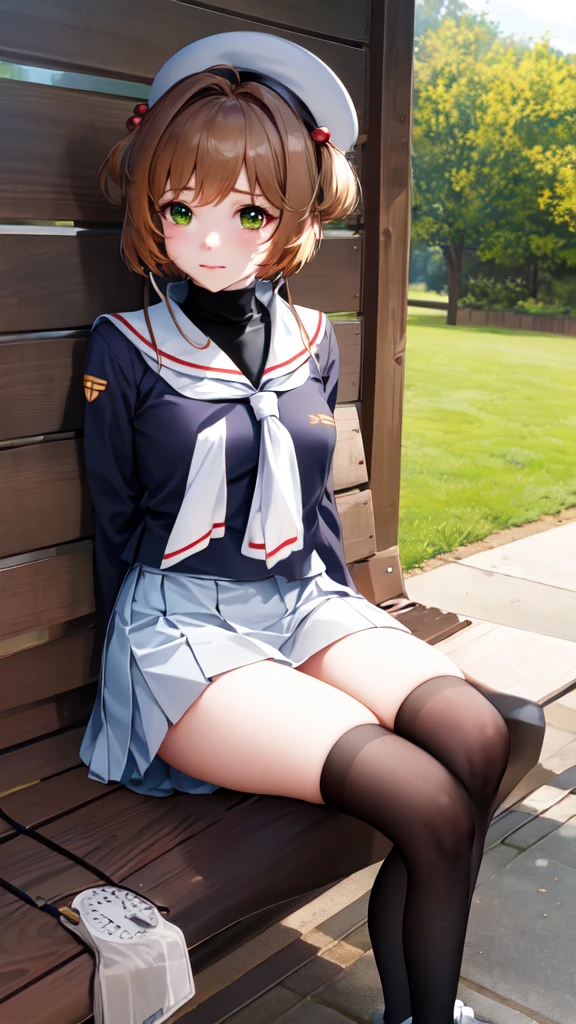 masterpiece, best quality, highres, kinomoto sakura, 1girl, brown hair, short hair, antenna hair, two side up, hair bobbles, green eyes, , white sailor collar, black shirt, long sleeves, white skirt, pleated skirt, sitting, eating, outdoors, bench, food, leaf, (masterpiece, best quality: 1.2),(very detailed face, real image, realistic skin, realistic body, intricate details),1 woman, Kinomoto Sakura, brown hair, alone, skirt, green eyes, Short hair, have, white skirt, white hat, Magic Girl, Antenna hair, laugh, serafuku, pleated skirt, dehisce, looking at viewer, cowboy shot, long sleeves, star (symbol), muffler, lie down in bed with both arms extended above the head and placed behind the pillow, anime girl lying down, expose plump breasts, whole body, plump thighs, Natural Pose, beautifully, cute, Fix errors without any awkwardness, tall, I have long legs, Wearing (tomoeda_초등school_school_Uniform),black top, tennis mini skirt,cry in shame, wearing white ankle socks, random sexy poses