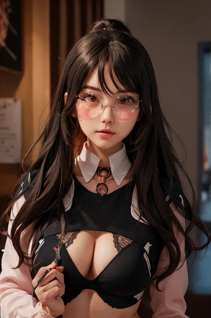 ultra detailed, beauty, cute, intense blush, female, body complete, hair texture, perfect anatomy, perfect hips, perfect legs, anime, high quality, transparent circular glasses