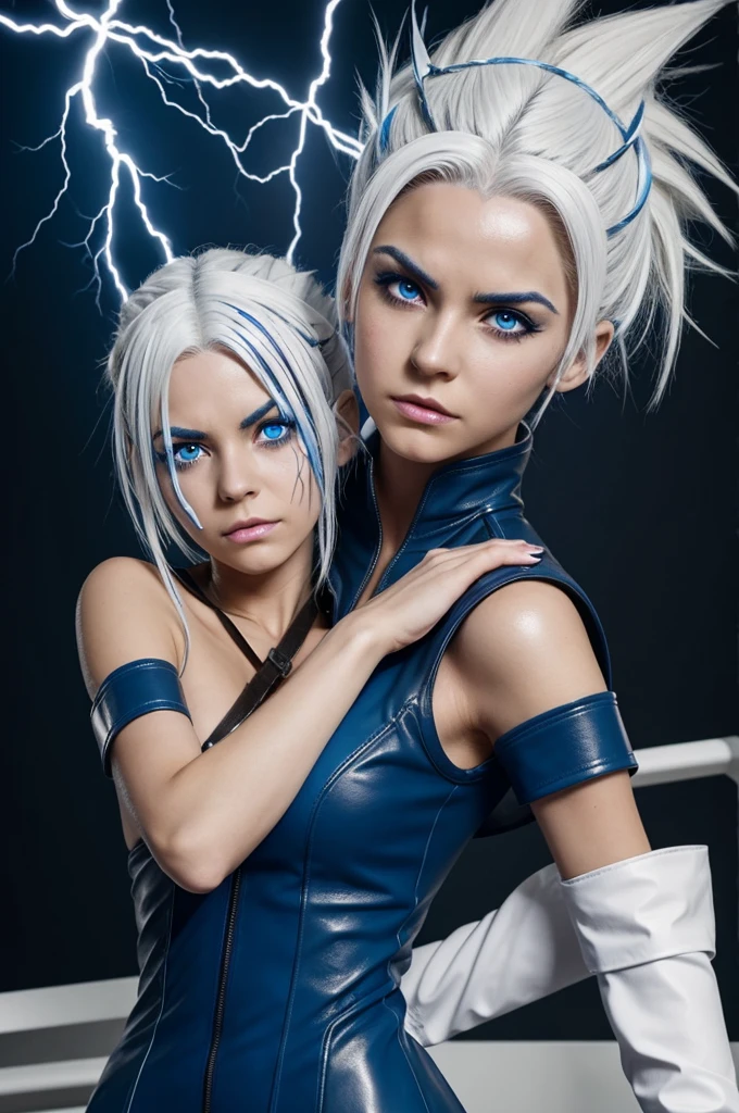 A character from the anime Dr Stone, a girl with white hair with a black streak on her face, you can see a heart-shaped scar with a lightning bolt, this is under her eye on her cheekbone. , his eyes are dark blue, She wears a blue leather dress and has bandages on her hands and ankles. 