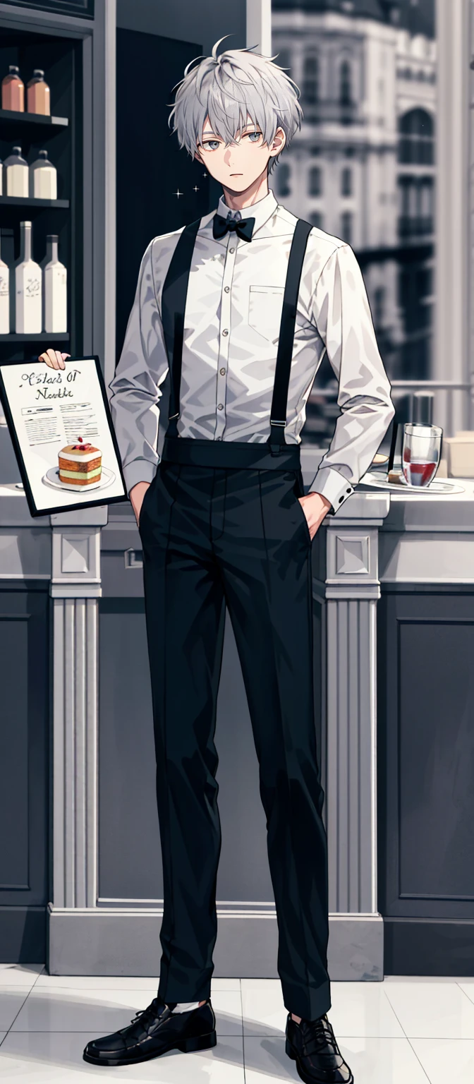 1 boy, 25 years old, full body, waiter, short hair, grey hair, messy hair, undercut,