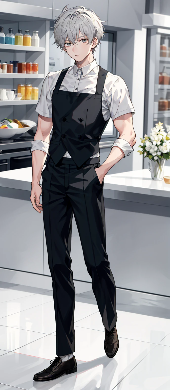 1 boy, 25 years old, full body, waiter, short hair, grey hair, messy hair, undercut,