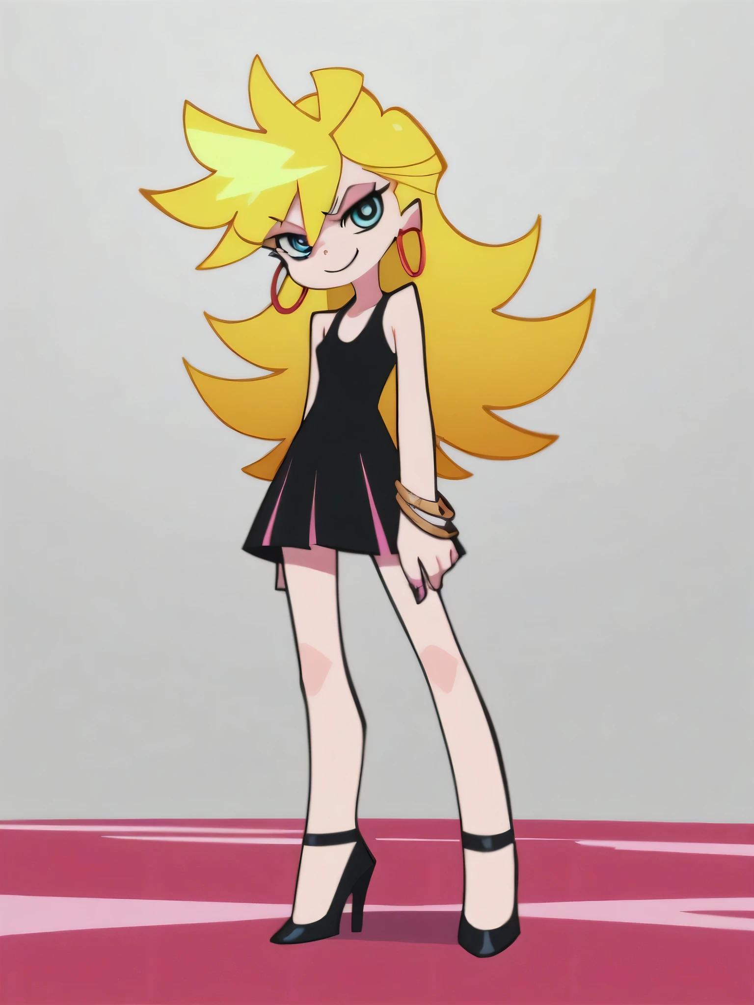 score_9, score_8_up, score_7_up, score_6_up, score_5_up, score_4_up, source_anime, 
1girl, solo,  psg, official style, panty \(psg\), little black sleeveless dress, small breast, standing up, hoop earrings, seductive smile, blond hair, blue eyes, looking at viewers, black high heels, cowboy shot