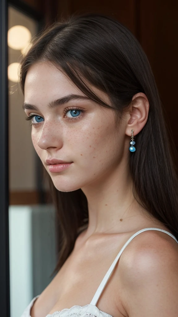 (1girl), low quality, amateur photography, raw, jpg, amateur photo, homemade photo, grainy, amateur photo, grainy, flash photo, POV. ((close-up)) photo of an attractive and seductive 19 year old Russian girl with raised face in the Balkans. Elegant straight black hair parted in the middle behind the ears. She has perfect symmetrical reflective pupils and highly detailed glowing eyes. Her skin is very white, almost pale, with realistic freckles. his eyes are ice blue. The iPhone 14 Pro and Pro Max feature a 48-megapixel sensor with an f/1.78 lens,
