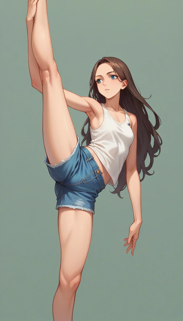 (masterpiece, Highest quality:1.2), One girl, alone, Are standing_Split, Long Hair, White sleeveless tank top, Blue Denim Shorts、Standing on one leg, masterpiece, anatomically correct, textured skin, high details, best quality, 16k