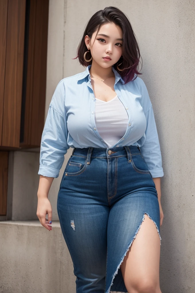Makima de l'anime "chainsaw man", bbwchan, corps entier, magnifique et ultra détaillée. Ssbbw, obésité morbide, Cheveux rouges, yeux jaunes, visage gras, visage ultra détaillé et doux. Chemise blanche, jupe en jean, pose dynamique, soleil,