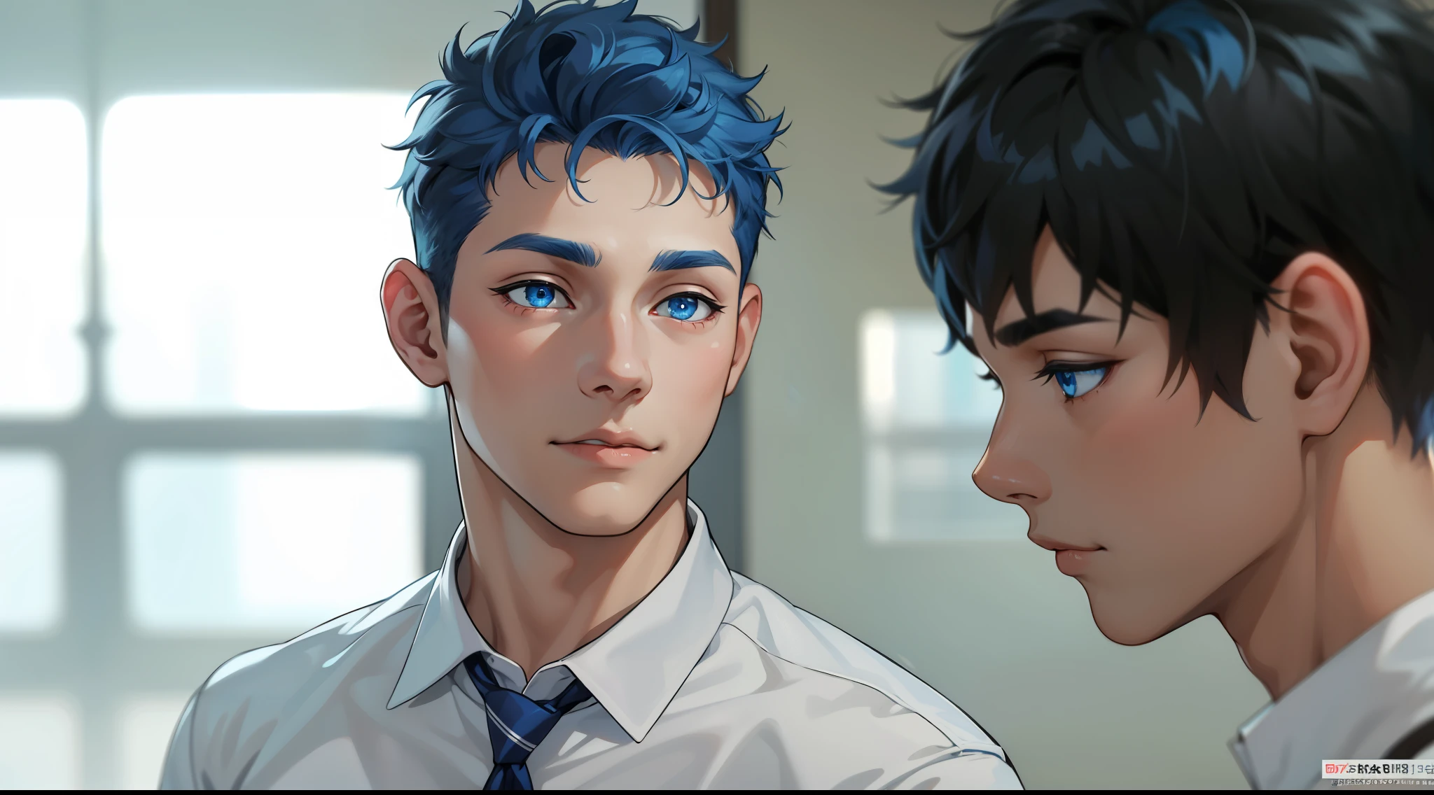 two cute boys with blue hair and the other with black hair and blue eyes