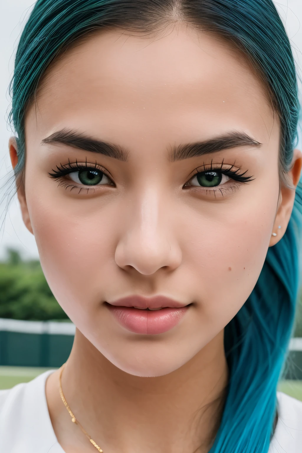 photo of (emikin:0.99), woman as a sexy TikTok influencer, cobalt hair, blue hair , teal hair , twintails, hair plats , woman with white skin and Asian features, 24-year-old (green-eyed woman), Her eyebrows are well-defined, with a natural arch that complements her eye shape. She has a small, elegant nose with a slight upward curve at the tip. Her lips are full and naturally pink, with a well-defined Cupid's bow. Her teeth are straight and white, enhancing her captivating smile. Her face has an oval shape with high cheekbones that add to her model-like appearance.  outdoors , outdoor tennis court , tennis balls on the ground , modelstyle photoshoot, full body pose , wearing white tennis dress , white clothes , playing tennis , tennis court in background, cleavage, sexy , seductive (extremely detailed CG unity 8k wallpaper), photo of the most beautiful artwork in the world, professional majestic (photography by Steve McCurry), 8k uhd, dslr, film grain, Fujifilm XT3 sharp focus, f 5.6, High Detail, Sharp focus, dramatic, (looking at viewer:1.2), (detailed pupils:1.3), (natural light), (seductive) , (masterpiece:1.3), (8k, photorealistic, RAW photo, best quality: 1.4), (1girl), beautiful face, (realistic face), beautiful hairstyle, realistic eyes, beautiful detailed eyes, (realistic skin), beautiful skin, absurdres, attractive, ultra high res, ultra realistic, highly detailed, golden ratio
