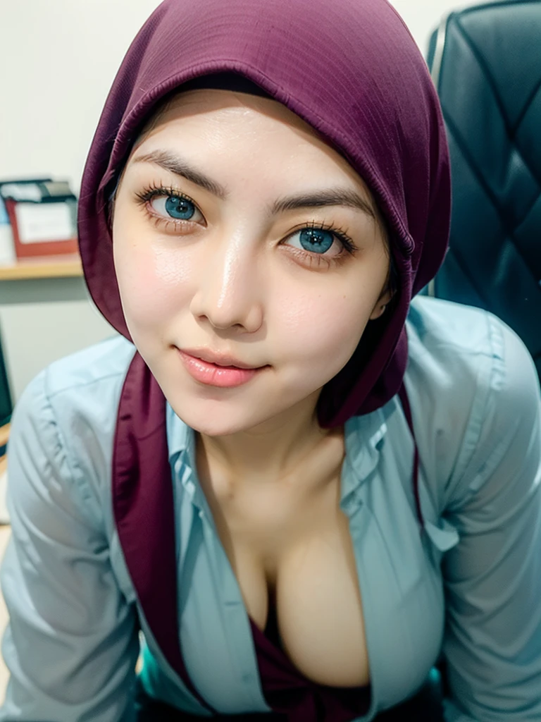 ((Beautiful white islamic girl with a beautiful face with maroon hijab)), beautiful eyes, large breast, office suit, she is a secretary, (long grey fabric pants),(pink shirt), colorful, ((office)), exposure blend, sit down, thight,, bokeh, (hdr:1.4), high contrast, (cinematic, teal and orange:0.85), low saturation, (seductive angle), (detailed eyes:1.5), ((no hair)), (glowing skin), (looking at viewer), (pale skin), (blush:1.2), medium shot, she is sitting on a chair in office, shot from below