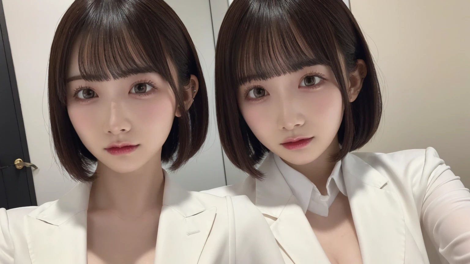 18-year-old、Ultra HD、Ultra-high resolution、Realistic、Sweaty skin、Bob Hair Bob Hair、Transparent nipples、Large Breasts、Selfie、White shirt、solo、suit